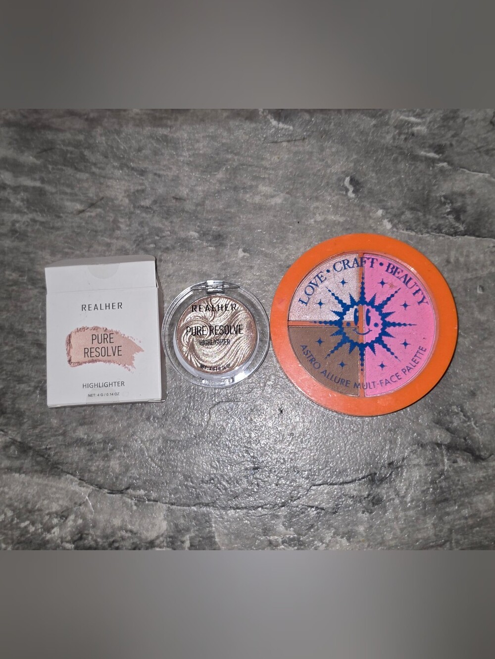 RealHer Pure Resolve Highlighter & Love Craft Beauty Astro Allure Palette